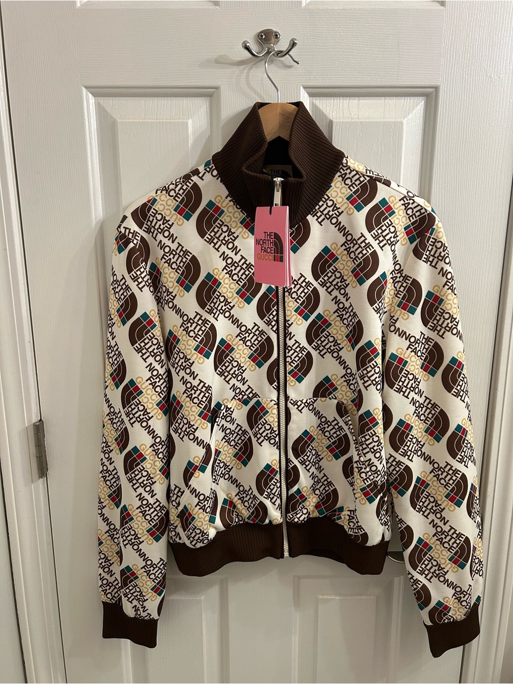 Gucci Cream Brown Multicolor Logo Track Bomber Jacket